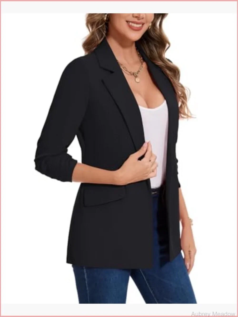 3/4 Ruched Sleeve Blazer Notch Lapel Open Front Jacket with Pockets